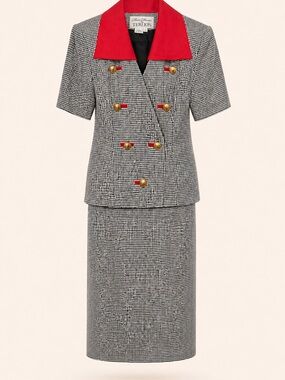 Vintage Teri Jon  by Richie Freeman Linen Skirt Suit Red Collar Houndstooth Sz 6
